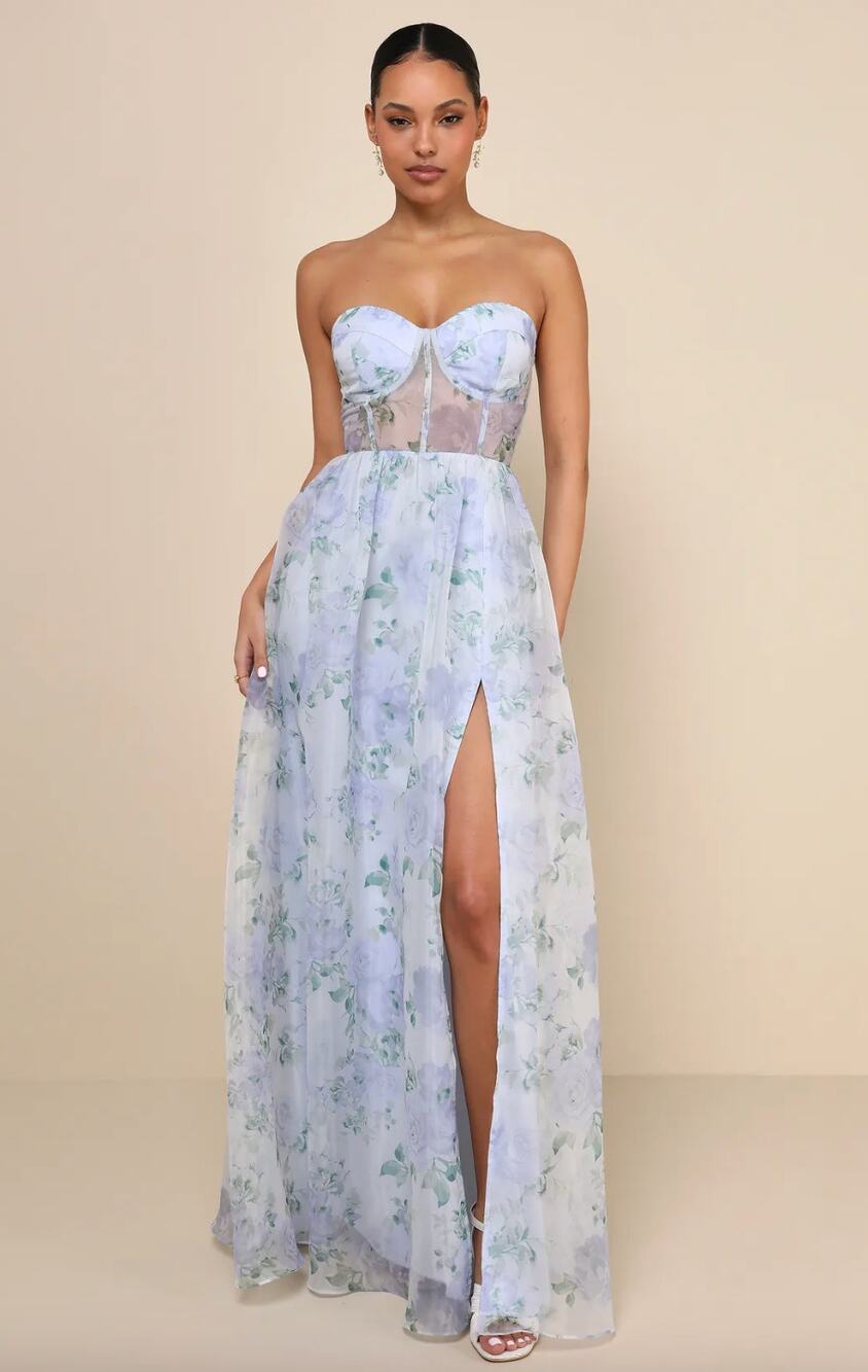 Lulus Charming Sweetness Periwinkle Floral Organza Bustier Maxi Dress XL NWT